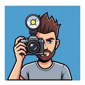 Cartoon Man with Beard and Camera with Flash Ready to Shoot
