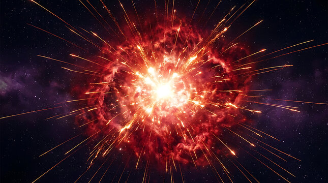 Cosmic supernova explosion with fiery nebula clouds and light trails in deep space galaxy background