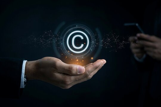 Hand holding a glowing copyright symbol icon representing intellectual property rights