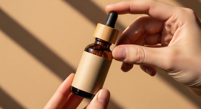 Amber glass dropper bottle with bamboo cap held by hands for skincare serum essential oil product mockup presentation