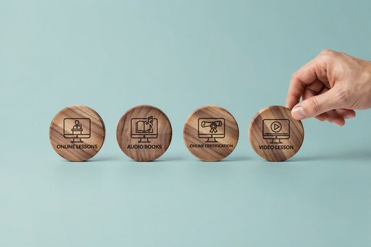 Hand placing a wooden disc with an education icon on a clean light blue background surface