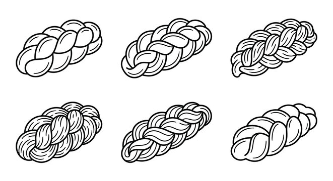 Six braided challah loaves are depicted in a black and white vector illustration