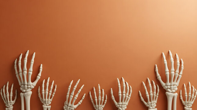 Halloween features skeleton hands arranged in a frame on a purple background