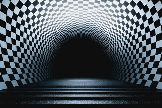 A 3D rendered symmetrical tunnel with black and white checkered pattern, leading to a dark void at its end.