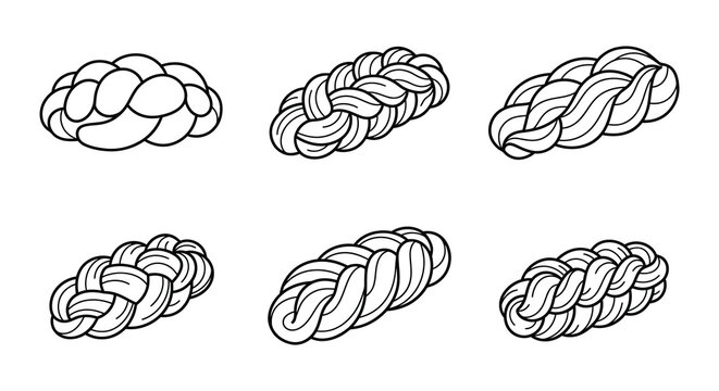 Six braided challah loaves are depicted in a black and white vector illustration