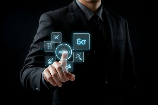 Person in a suit touching a glowing six sigma dmaic process interface on a dark background