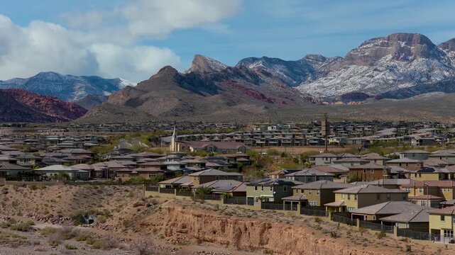 Aerial Suburban Homes Red Rock Mountains Las Vegas Nevada Flyover