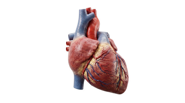 A realistic 3D anatomical rendering of a human heart, showcasing muscle fibers, coronary blood vessels, and major vessels against a solid black background.