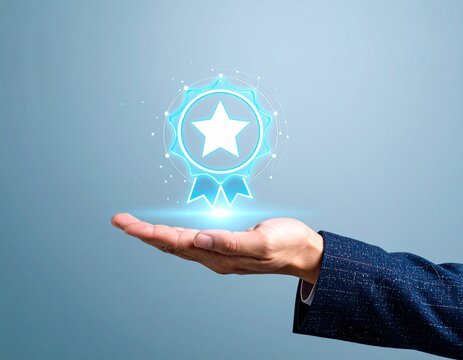 hand holding star core value icon business objective mission growth success symbol illustration best quality awards outline design for web and app
