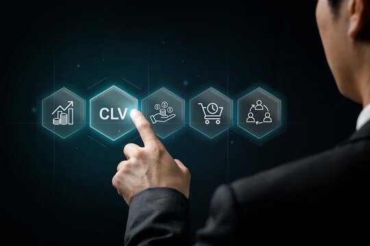 Businessman touching clv customer lifetime value holographic digital hexagon button screen
