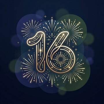 Elegant Gold 16th Anniversary Celebration Card Design Featuring Intricate Fireworks Pattern and Glowing Bokeh Background Elements