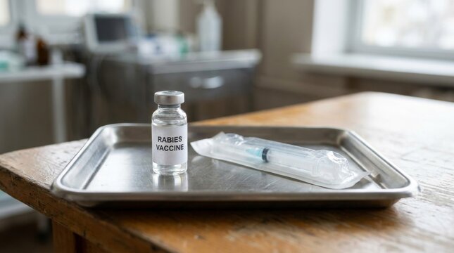 A bottle of rabies vaccine and a syringe on a medical tray. A glass vial labeled "Rabies vaccine" and a sealed syringe are on a stainless steel tray in the clinic.