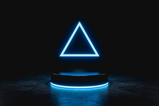 A glowing cyan neon triangle floats above a dark circular pedestal, set on a textured concrete surface in a dim, futuristic space.