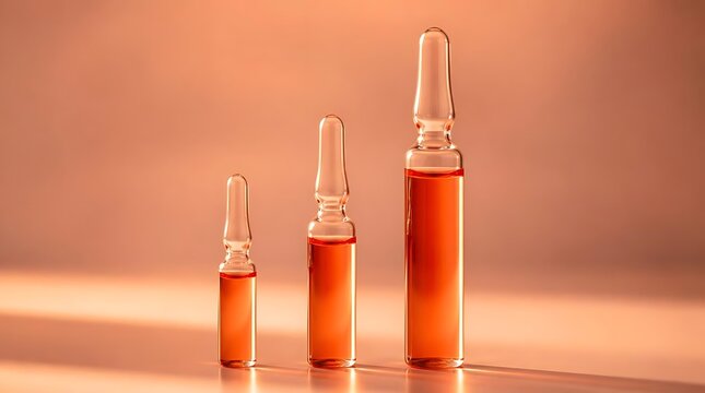Three glass ampoules with orange liquid in increasing size on a reflective surface.