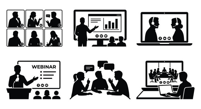 Business meeting silhouettes depict collaborative work and virtual presentations