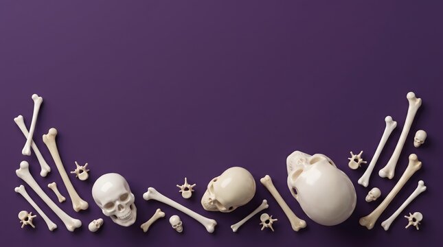 A creative halloween special background featuring human skulls and various bones arranged on a dark purple textured flat lay surface