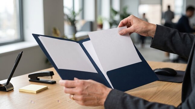 Close up of hands placing blank paper document into blue folder on office desk