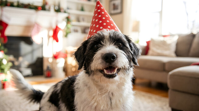 Smiling black and white dog wearing festive party hat indoors