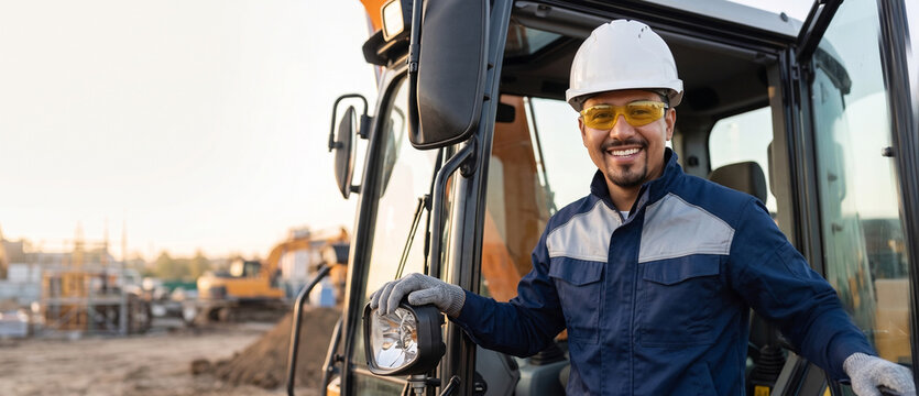 Happy construction worker sitting in an excavator cab at a building site
