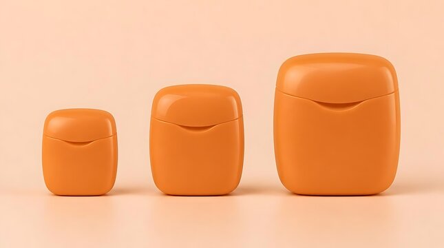 Three orange dental floss containers in ascending size order on a plain background.