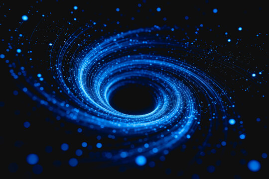 A 3D rendered abstract cosmic vortex formed by glowing blue particles spiraling around a dark central void, evoking space and science themes.