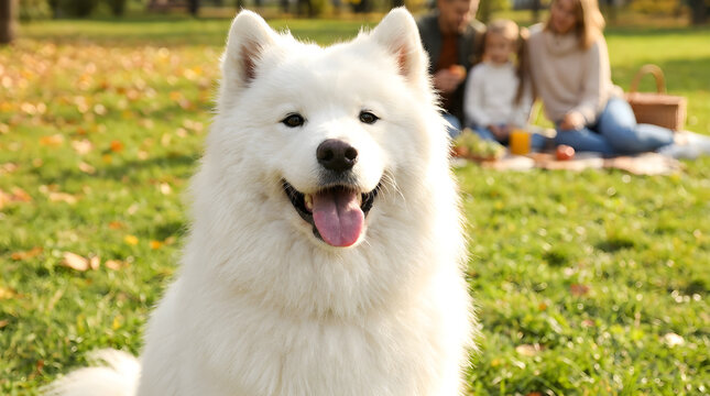Smiling happy white husky dog sitting outdoors with people