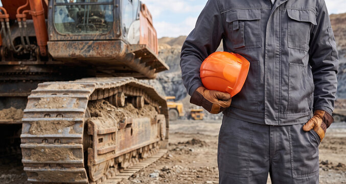 Construction worker holding a hard hat in front of an excavator
