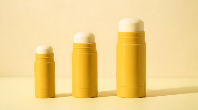 Three yellow deodorant sticks of varying sizes on a plain background.