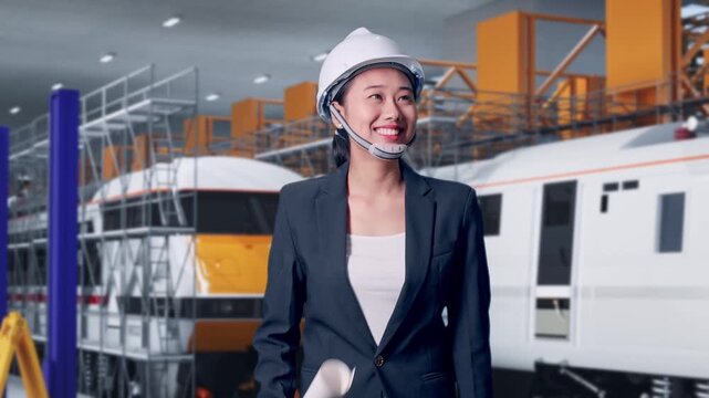 Front View of Asian Businesswoman Holding Blueprint While Walking and Looking Around at Train Locomotives Maintenance Depot Scaffolding
