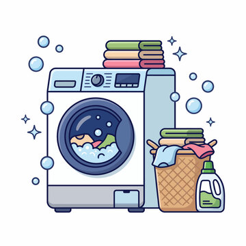 Modern Front Loading Washing Machine with Laundry Basket and Detergent Illustration for Household Chores and Cleaning Concept