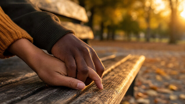 Intertwined Diverse Couple Fingers Resting on Wood Bench - Romantic Intimacy Macro - Relationship Counseling Banner - Late Afternoon Rim Light

