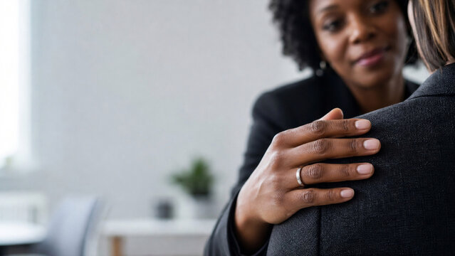 Manager Hand Resting Reassuringly on Colleague Shoulder - Corporate Mental Health HR Macro - B2B Leadership Banner - Diffuse Office Daylight