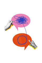 Fototapeta premium Vertical photo collage of hands hold communication bubble speech exchange scribble conversation cloud isolated on painted background