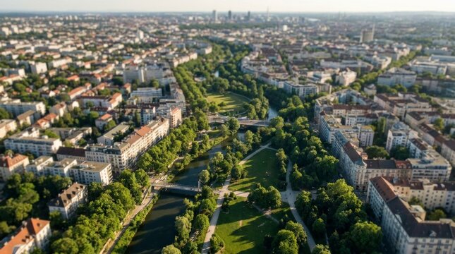 Aerial view of a European city with river and park. A panoramic shot shows dense urban buildings flanking a green river corridor with a large park in the center.  