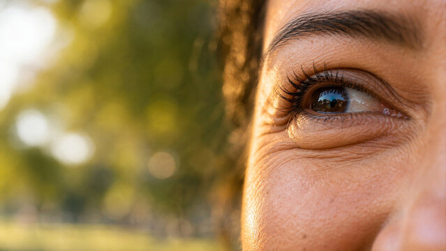 Woman Eye Crinkling with Laugh Lines in Genuine Joy - Mental Health Wellness Macro - Positive Psychology Header - Golden Hour Sunlight