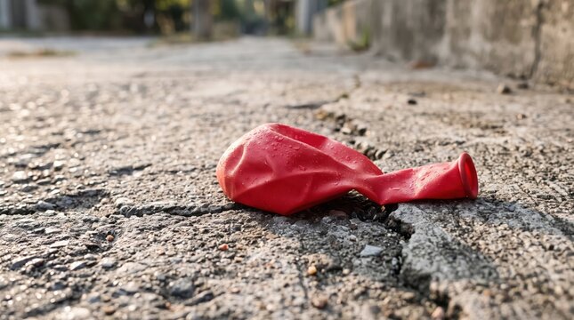 Deflated red balloon lying on cracked asphalt ground outdoors on the street with flat balloon discarded toy abandoned balloon lost party item concrete road empty pavement deflated celebration