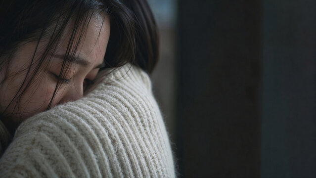 Woman Forehead Leaning on Friend Sweater Shoulder - Shared Support Counseling Macro - Mental Health Campaign Header - Soft Overcast Window Light