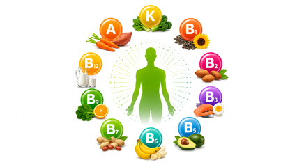 Fototapeta premium Essential vitamins infographic wheel with healthy food sources surrounding meditating body silhouette.