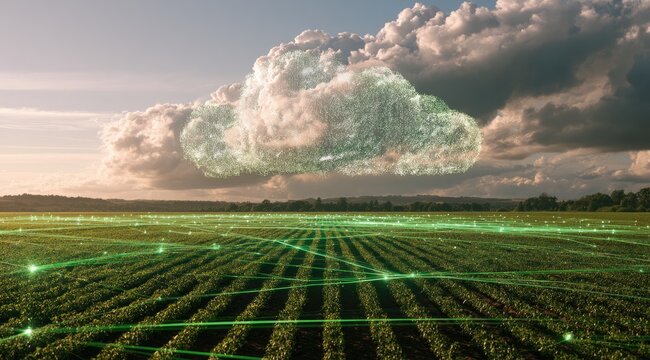 Futuristic farm fields connected by digital networks under a glowing cloud