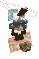 Fototapeta premium Vertical sketch 3d artwork collage poster of anonym girl hold book education concept instead head stack valise peek hand bookworm