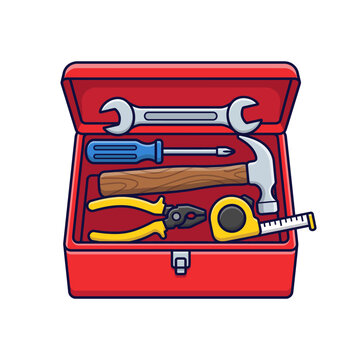 A professional red metal toolbox illustration featuring essential construction repair tools including a hammer screwdriver wrench and tape measure