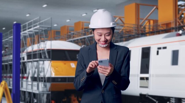 Front View of Asian Businesswoman Use Smartphone While Walking at Train Locomotives Maintenance Depot Scaffolding