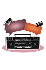 Naklejka premium Vertical collage picture audio song player boombox album playlist textbox message communication party tape cassette drawing background