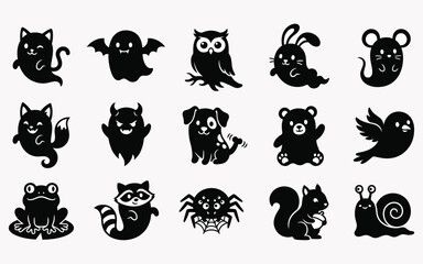 Obraz premium Set of cute black and white animal silhouettes for halloween stickers or children coloring book designs