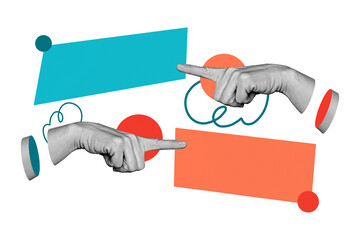 Plakat 3D collage poster template trend artwork sketch of hand hold gesture finger point showing way different direction human resources