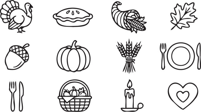 Thanksgiving vector illustration set featuring line art icons of turkey pumpkin cornucopia harvest foliage and holiday dinner table settings elements