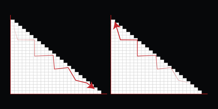 Financial stock market crash and recovery charts, red arrow showing downward trend and upward bounce on white grid, economic crisis and growth business vector on black background