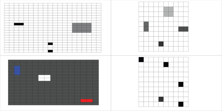 Pixel art grid collection, abstract geometric square patterns in 4 vector panels, retro 8-bit digital blocks, gray and white mosaic textures for web design and gaming UI