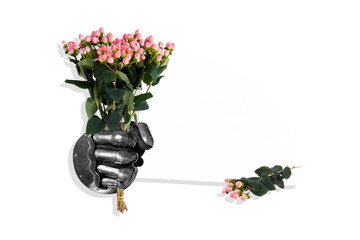 Fototapeta premium Creative image art poster photo collage of soldier hands wear armor glove hold wildflowers berries bouquet spring bloom
