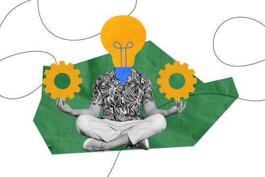 Composite photo collage of anonym businessman instead head light bulb idea finding buddhism zen practice isolated on painted background